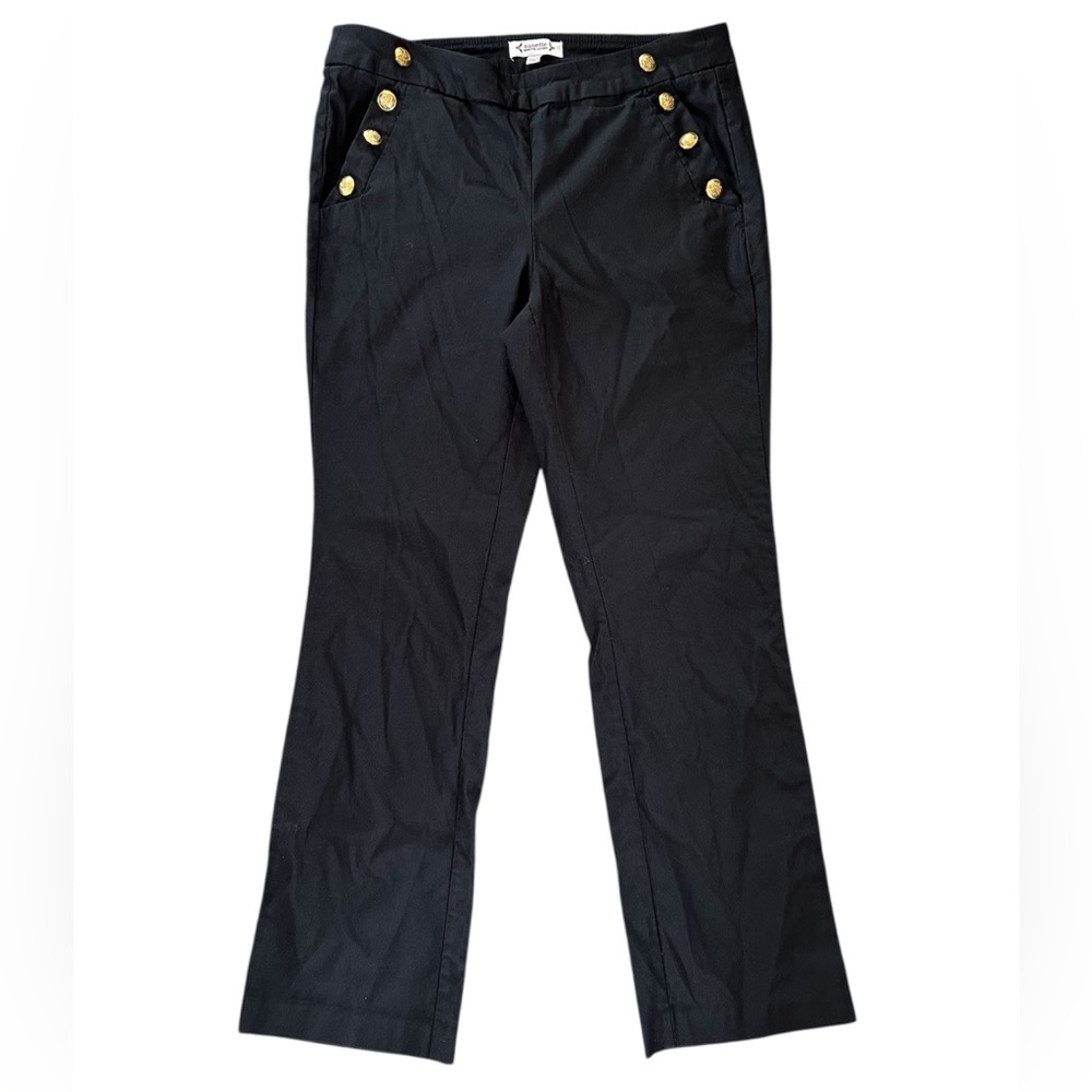 Nanette Lepore | Women’s black boot cut pull on pants, gold pocket buttons, sz S